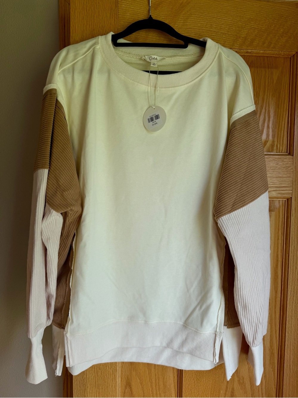 Oddi Neutral Colorblock Terry Knit Sweatshirt Corduroy Ribbed Panels Small
